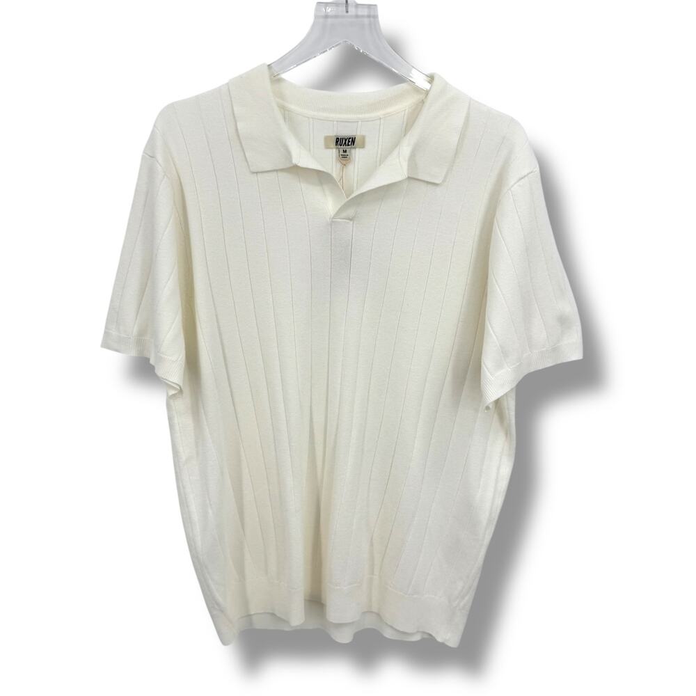 Ruxen sweater men's M polo rib knit shirt short sleeve collar pullover white NEW